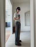 Late Back Leather Pocket Denim Pants