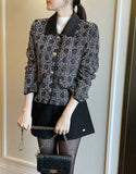 Demur Color Matching Collar Pattern Tweed Short Jacket