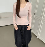 V-neck Side Shirring Point Daily Slim Fit Long Sleeve T-shirt