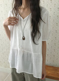 Munil Stripe V-Neck Half Button Blouse