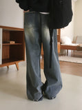 Kame two-way snap button long wide denim pants