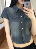 Markle pocket slim washed denim cropped short-sleeved shirt