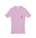 Pink Flower Dot Embroidery Short Sleeve Knit Collar Tee