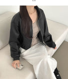 Autumn Pocket Zipper Loose Fit Leather Two-Way Crop Jacket