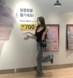 Catbrush Washing Ripped Jeans Semi-Bootcut Denim Pants