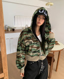 E-Ring Military Camo Pocket Crop Long Sleeve Hooded Zip-Up