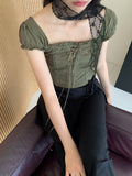 Tabl Green Corset Two-Way Off-Shoulder Short-Sleeve Blouse