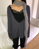 Tenver V-Neck Lace Long Sleeve T-Shirt