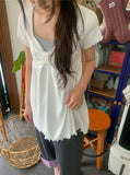 Nahills Shirring Short Sleeve Layered Ribbon Ribbed Tee