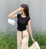 Punching Strap Ribbon Point Crop Short Sleeve Knit