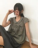 Darling round collar check ribbon blouse