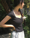 Dohwa Dot Rose Lace Crop Short Sleeve T-shirt
