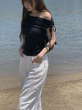 Nob Shirring Off-shoulder Ribbon Short Sleeve T-shirt