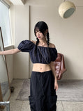 Minen Denim Off Shoulder Cropped Short Sleeve Blouse