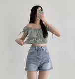 Lovely Hip Shoulder Ribbon Banding Off-shoulder Short Sleeve Blouse