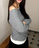 Royu Unbalanced Color Matching Shirring One-Off Shoulder Long Sleeve T-Shirt
