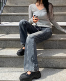 Linu Rib V-neck See-through Long Sleeve T-Shirt