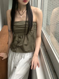 Folp button shirring cotton tank top tube top