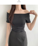Stripe Span Off-shoulder Slim Fit Basic Length Short Sleeve T-shirt
