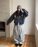 Navy Lettering Brushed Washing Hood Zip-Up