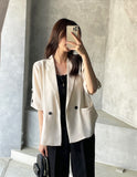 Poiyu Linen Double Button Three Quarter Length Jacket