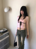 Luer Balletcore Ribbon Color Matching Heart Neck Long Sleeved T-Shirt