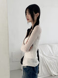 Petitron see-through ribbon strap long sleeve blouse
