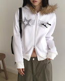 [Brushed Lining] Petol Ribbon Star Two-Way Fur Hood Zip-Up