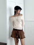 Twill Ribbon Strap Off-Shoulder Slit Cropped Long Sleeve T-Shirt