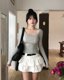[U-BASIC] Marron Square Neck Slim Long Sleeve