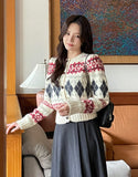 Cren Argyle Puff Knit Cardigan