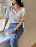 Romance Heart Neck Short Sleeve Puff T-Shirt