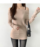 Boat Neck Off-Shoulder Knit Long Sleeve Slit Slim Fit T-Shirt