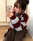 [Muffler SET] Phu Stripe Color Matching V-Neck Loose Fit Long Sleeve Long Knit