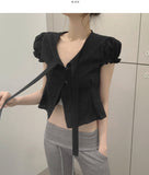 Petite Tie Puff Sleeve Crop Short Sleeve Blouse