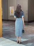 Bow Slit H-line Denim Skirt