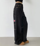 Carpenter Raw Union Jack Patch Stitch Long Wide Denim Pants