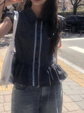 Ripen Check Lace Frill Puff Short Sleeve Shirt