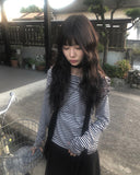 Osen Off-shoulder Stripe Button T-shirt