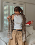 Pocky Button Neck Collar Check Shirt