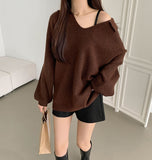 Open Collar Loose Fit Thick Long Sleeve Knit