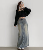 Slit H-line Washing Long Denim Skirt