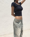 Dessa Back Slit Ribbon Ribbed U-Neck Short Sleeve T-Shirt