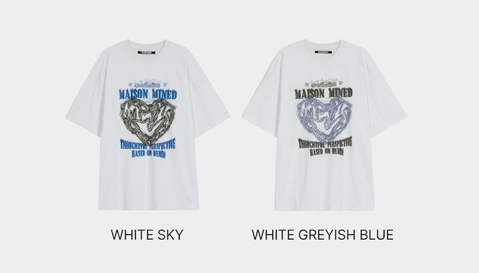 Tシャツ・カットソー [MAISON MINED] DOODLE HEART HALF T WHITE GREYISH BLUE MUSINSA | MAISON MINED DOODLE HEART HALF T WHITE GRAYISH BLUE