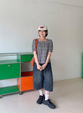 Igets Square Neck Check Short Sleeve Blouse