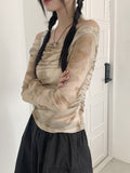 Lutz See-Through Tie-Dye Printing Shirring Mesh Long Sleeve Off-Shoulder T-Shirt