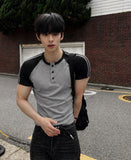 Color Matching Track Muscle Fit Henley Neck Short Sleeve Tee