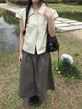 Lambs Button Collar Shirred Puff Blouse Shirt