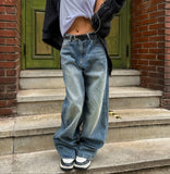 Lot Button Washed Wide Denim Pants