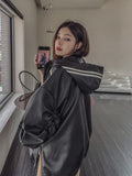 Track shirring leather hooded jacket